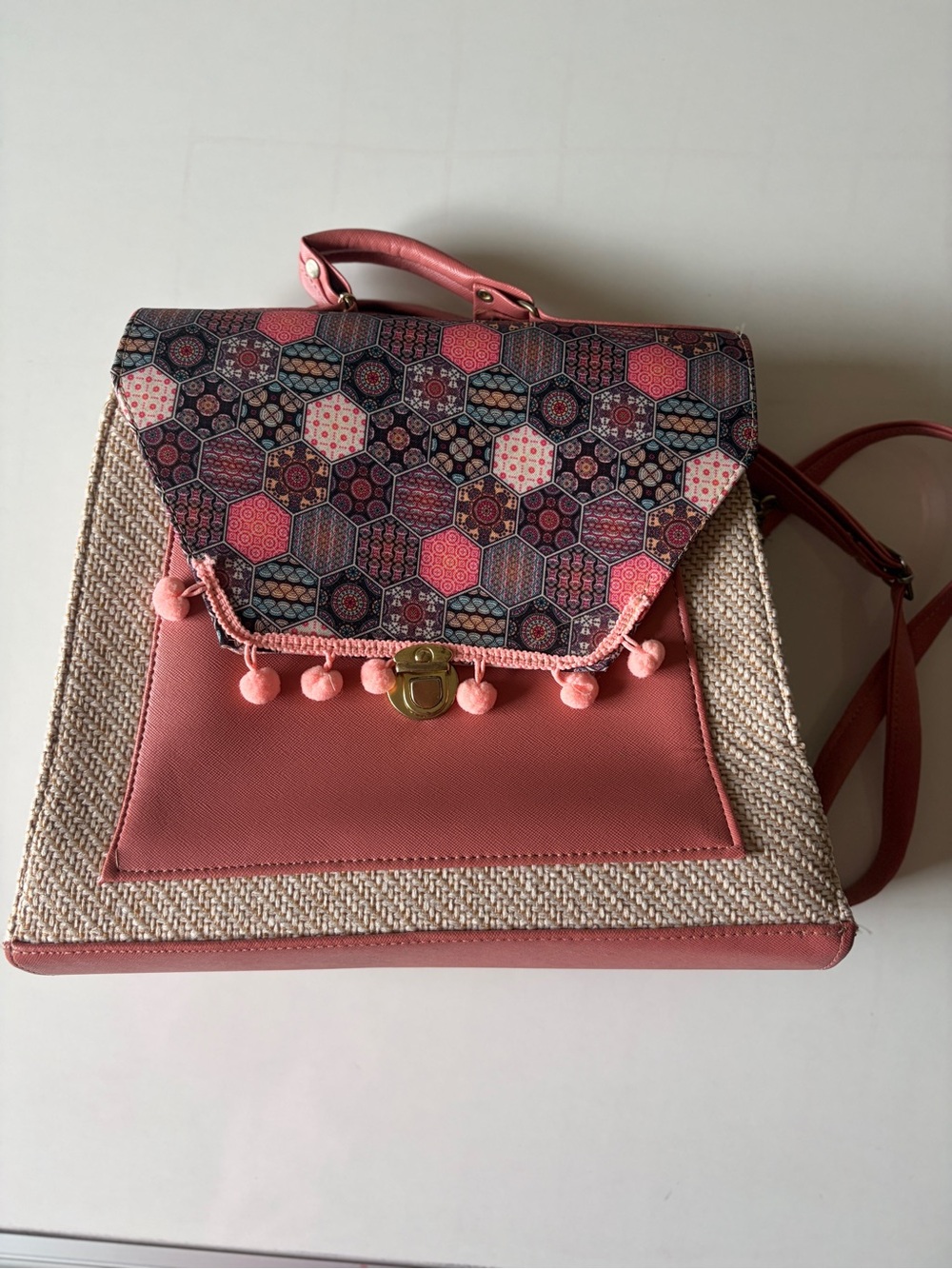 Multicolor Pom Pom Boho Satchel Purse Tan Pink Handbag